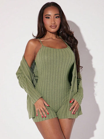 Solid Cami Romper & Open Front Coat
