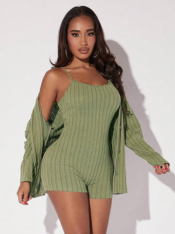 Solid Cami Romper & Open Front Coat