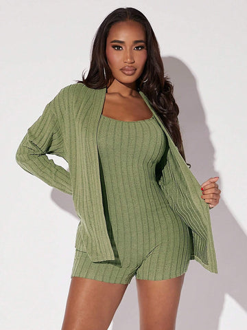 Solid Cami Romper & Open Front Coat