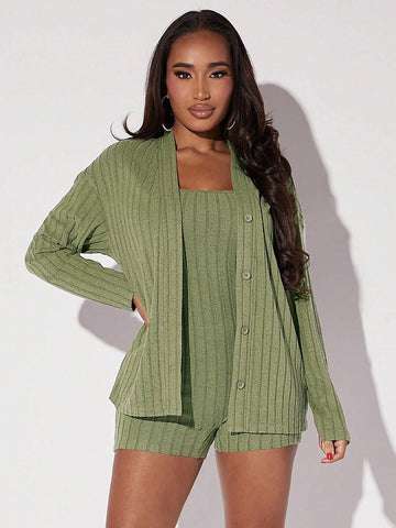 Solid Cami Romper & Open Front Coat