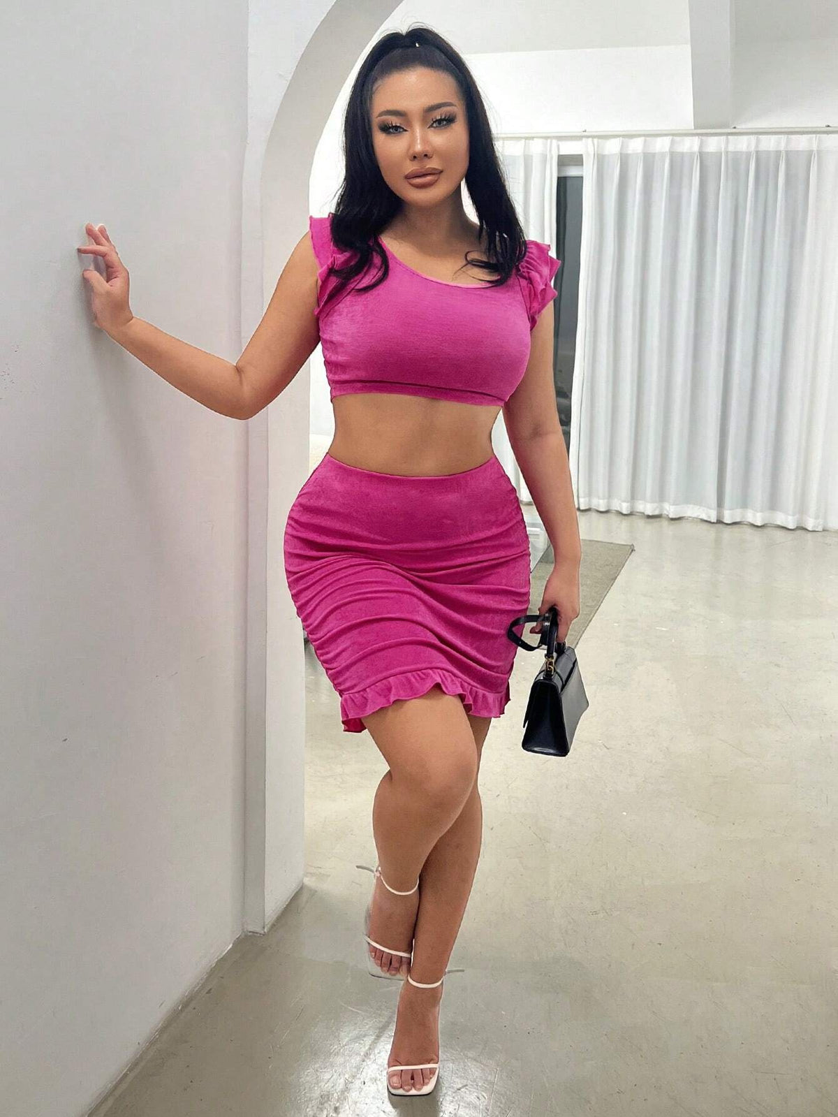 Ruffle Trim Crop Tank Top & Ruched Bodycon Skirt