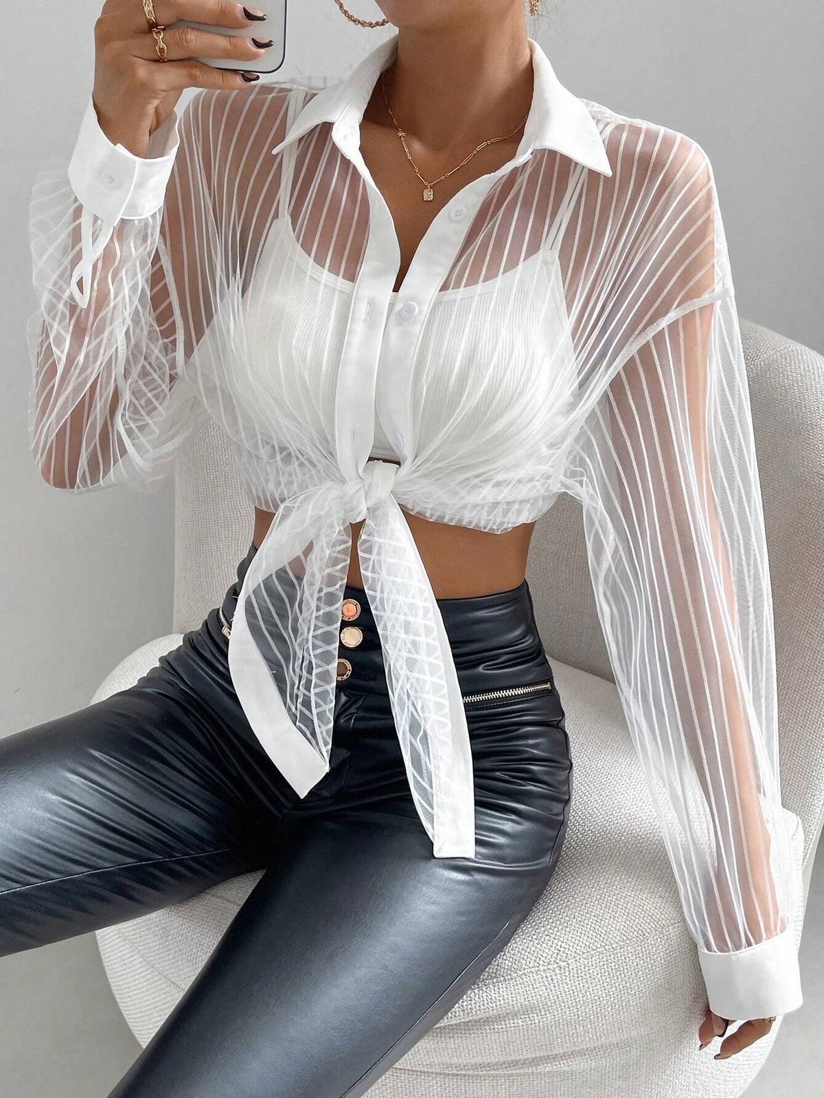 Drop Shoulder Button Front Mesh Shirt Without Bra