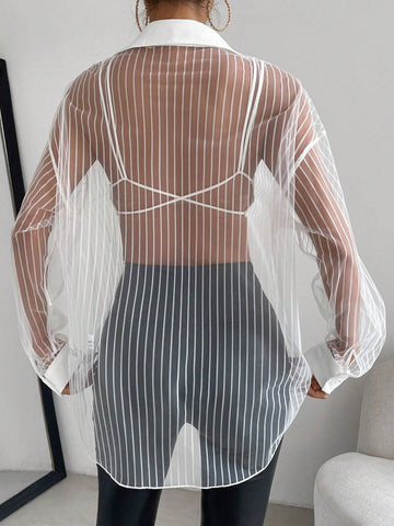 Drop Shoulder Button Front Mesh Shirt Without Bra