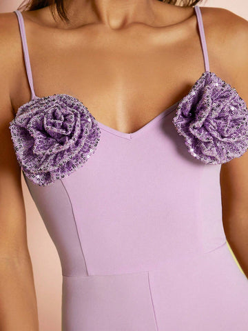 3D Rosette Flare Leg Cami Jumpsuit