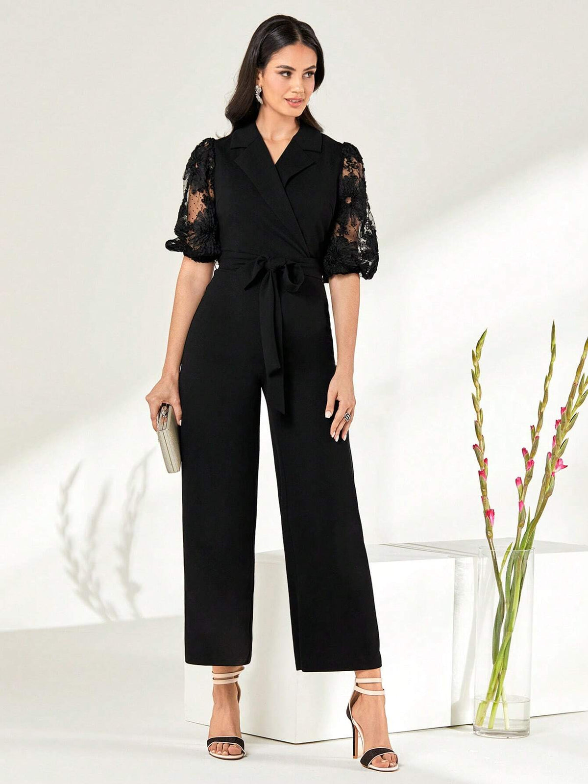 Lapel Collar Lace Sleeve Belted Jumpsuit