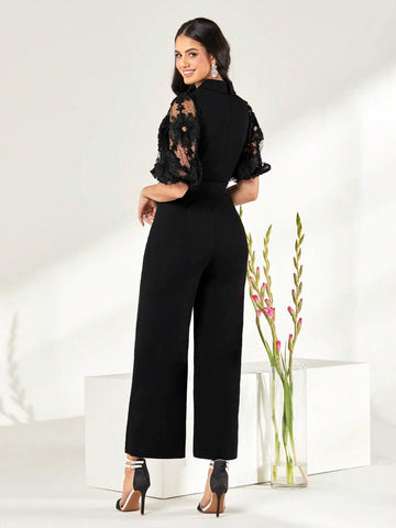 Lapel Collar Lace Sleeve Belted Jumpsuit