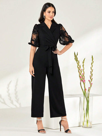 Lapel Collar Lace Sleeve Belted Jumpsuit