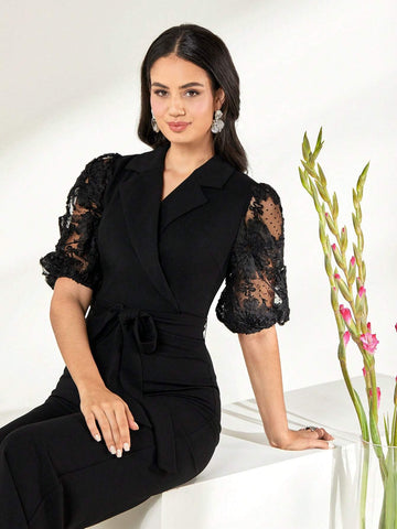 Lapel Collar Lace Sleeve Belted Jumpsuit