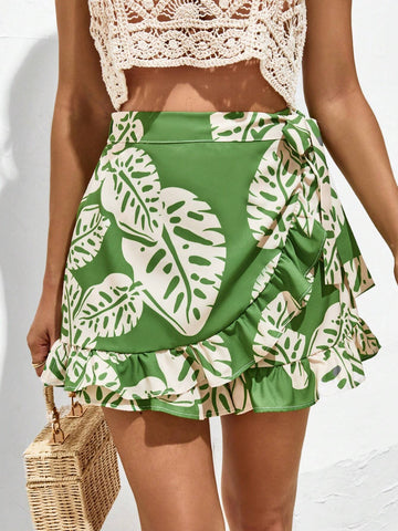 VCAY Tropical Print Ruffle Trim Tie Side Wrap Skort