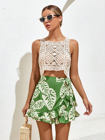 VCAY Tropical Print Ruffle Trim Tie Side Wrap Skort