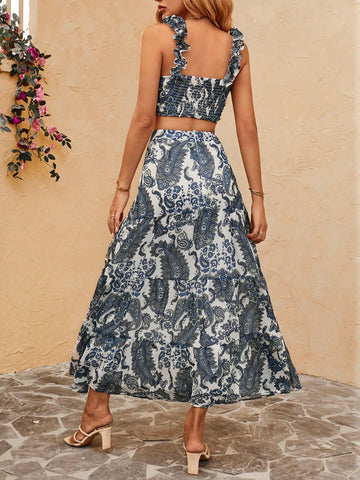 Paisley Print Ruched Front Wide Strap Top & Split Thigh Skirt