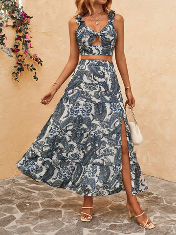 Paisley Print Ruched Front Wide Strap Top & Split Thigh Skirt