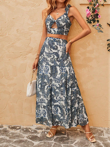 Paisley Print Ruched Front Wide Strap Top & Split Thigh Skirt