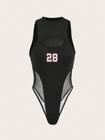 Number Print Cut Out Mesh Insert Mock Neck Bodysuit