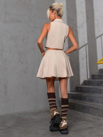Double Breasted Crop Vest Jacket & Pleated Skirt