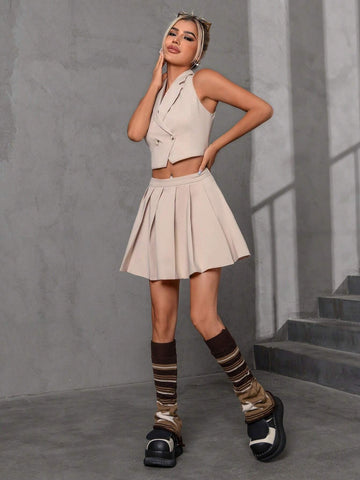Double Breasted Crop Vest Jacket & Pleated Skirt