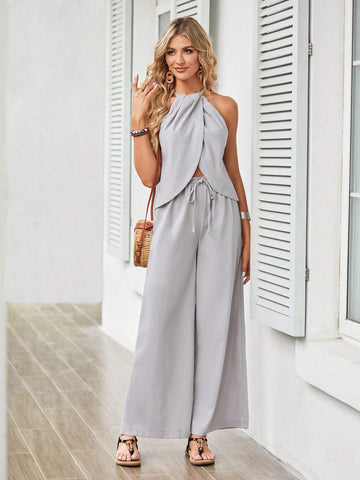 Solid Asymmetrical Hem Halter Top & Wide Leg Pants