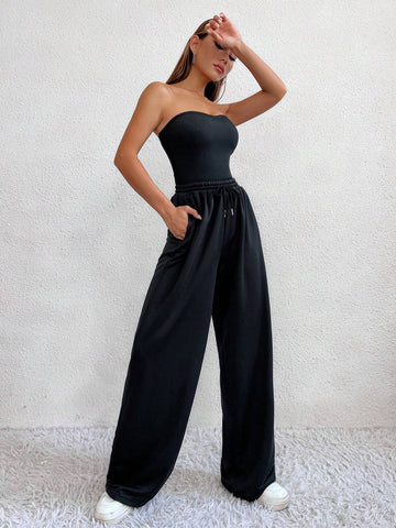 Solid Tube Bodysuit & Drawstring Waist Pants