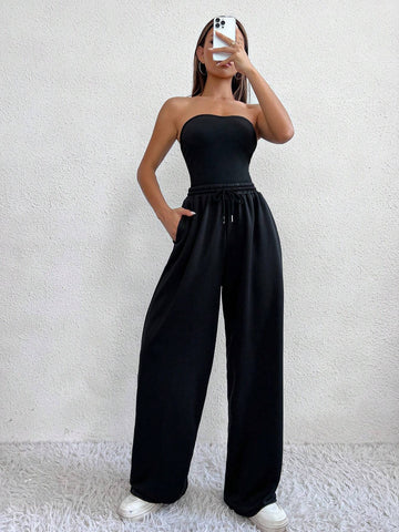 Solid Tube Bodysuit & Drawstring Waist Pants