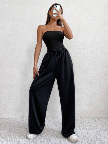 Solid Tube Bodysuit & Drawstring Waist Pants