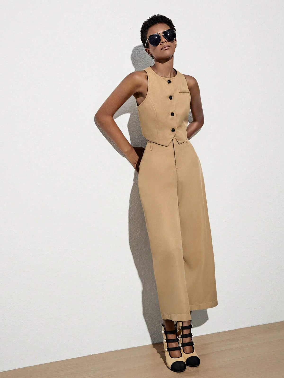 Button Front Vest Blazer & Wide Leg Pants