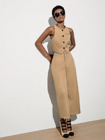 Button Front Vest Blazer & Wide Leg Pants