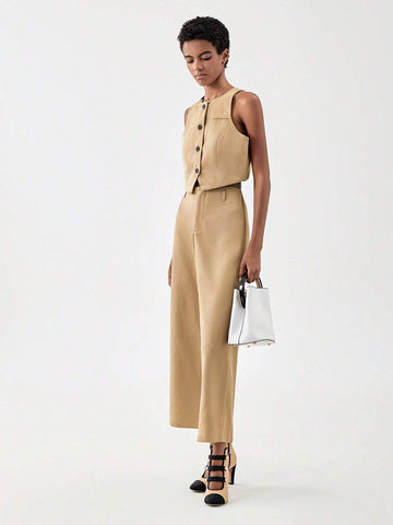 Button Front Vest Blazer & Wide Leg Pants
