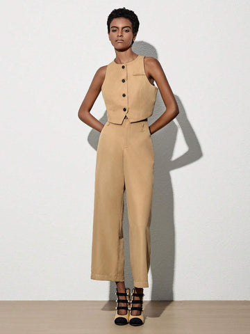 Button Front Vest Blazer & Wide Leg Pants