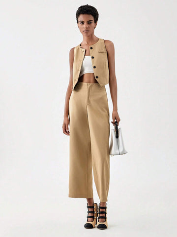 Button Front Vest Blazer & Wide Leg Pants