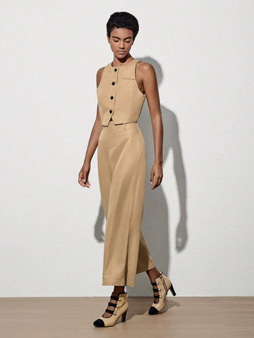 Button Front Vest Blazer & Wide Leg Pants