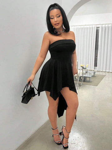 Solid Asymmetrical Hem Tube Dress & Shorts