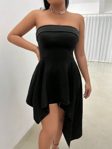 Solid Asymmetrical Hem Tube Dress & Shorts