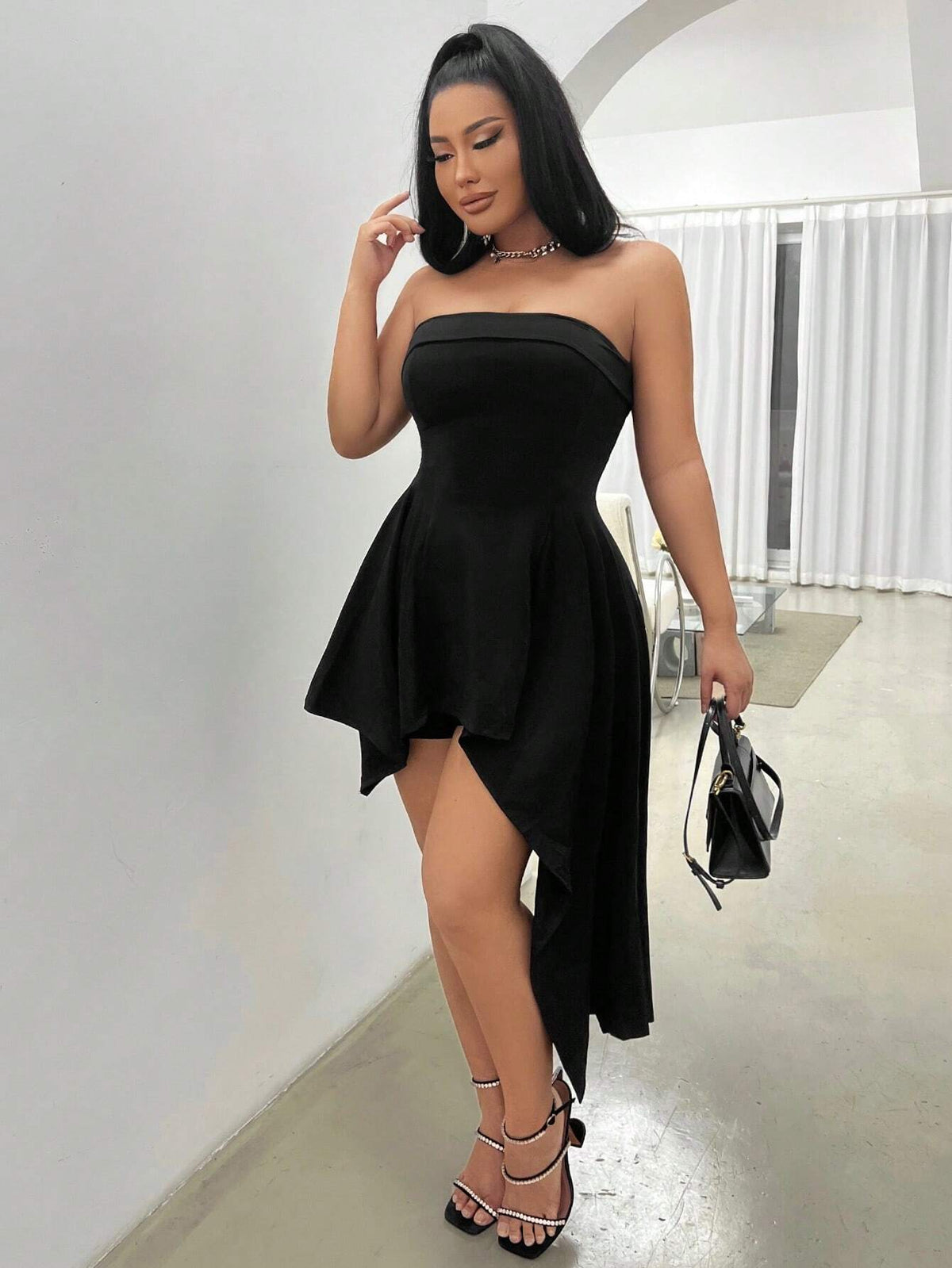 Solid Asymmetrical Hem Tube Dress & Shorts