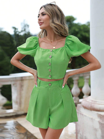 Puff Sleeve Button Front Crop Top & Shorts