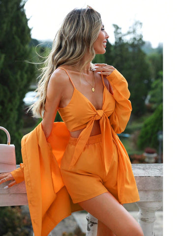 Solid Knot Front Cami Top & Shirt & Shorts