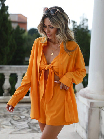 Solid Knot Front Cami Top & Shirt & Shorts