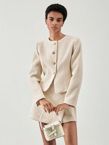 Solid Button Front Jacket & Wrap Skort