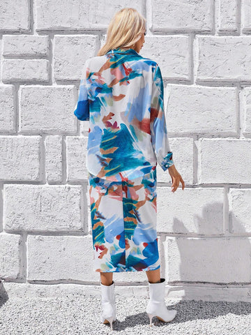 Allover Print Shirt & Knot Front Split Thigh Skirt