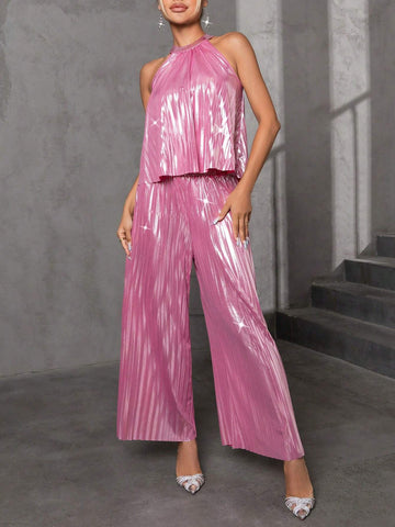 Solid Halter Top & Wide Leg Pants