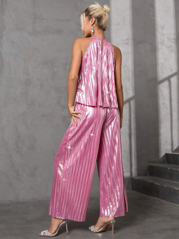 Solid Halter Top & Wide Leg Pants