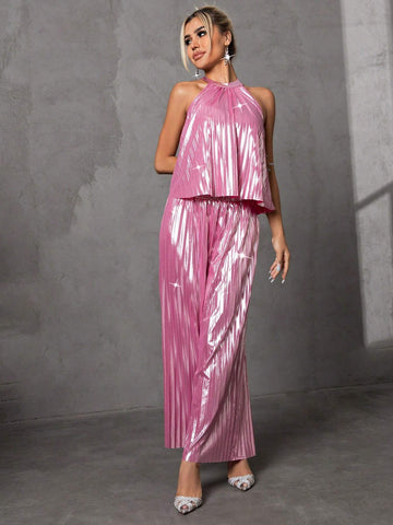 Solid Halter Top & Wide Leg Pants