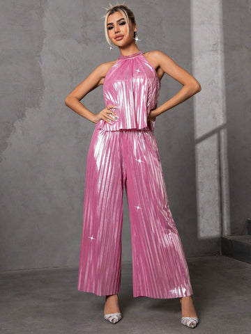 Solid Halter Top & Wide Leg Pants