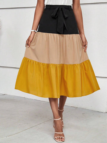 Colorblock Ruffle Hem Belted Skirt