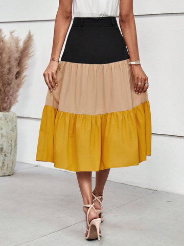 Colorblock Ruffle Hem Belted Skirt