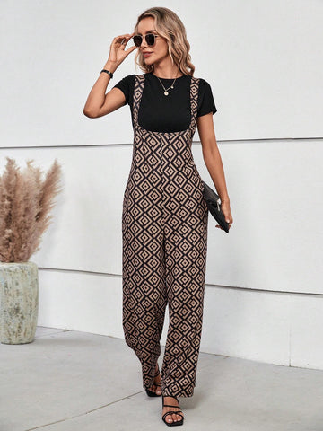 Allover Print Slant Pocket Overall Jumpsuit Without Tee