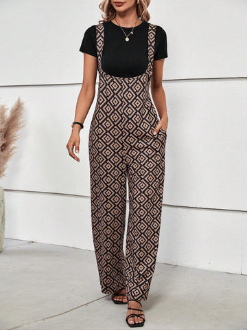 Allover Print Slant Pocket Overall Jumpsuit Without Tee
