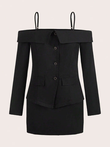 Cold Shoulder Button Front Jacket & Skirt