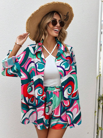 Allover Print Drop Shoulder Shirt & Shorts
