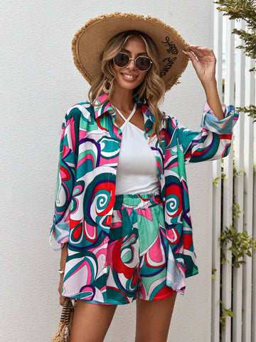 Allover Print Drop Shoulder Shirt & Shorts