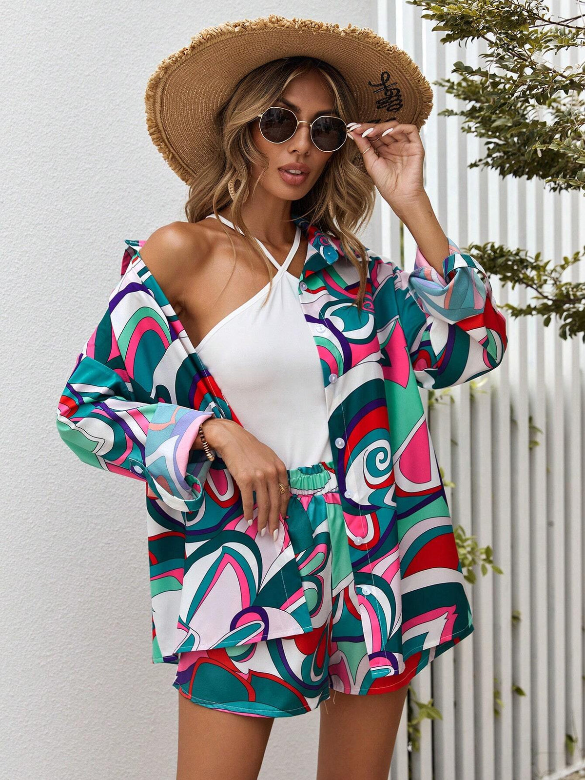 Allover Print Drop Shoulder Shirt & Shorts